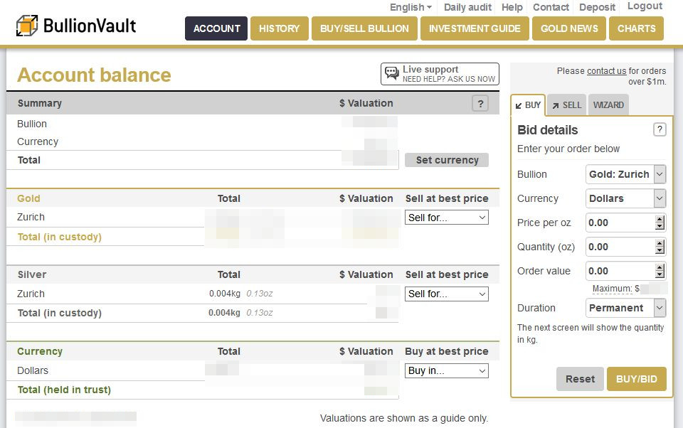 BullionVault Accout Page Screenshot
