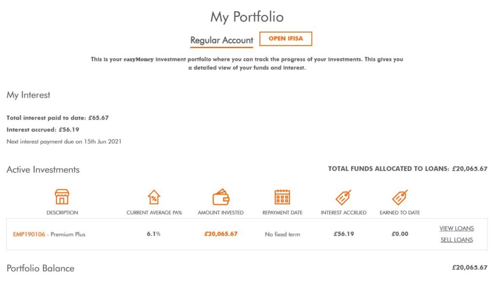 EasyMoney Portfolio Screenshot - Peer to Peer Lending Update June 2021